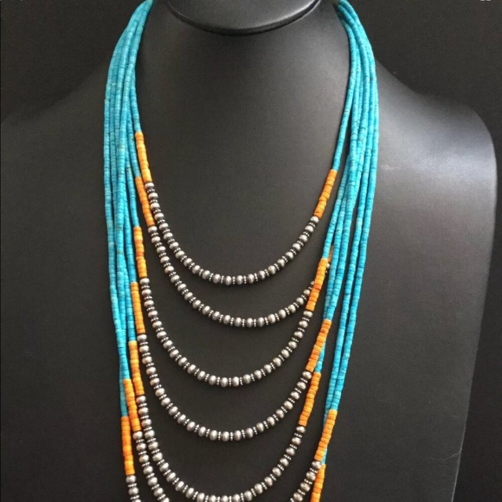 N.A Seven-strand Turquoise and Spiny Oyster 925 Necklace